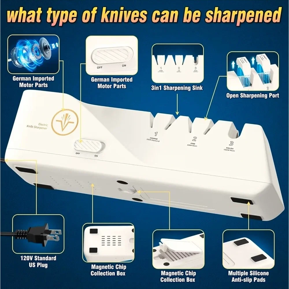 HOMLY Professional Electric Knife Sharpener 3-Stage Diamond Abrasive White